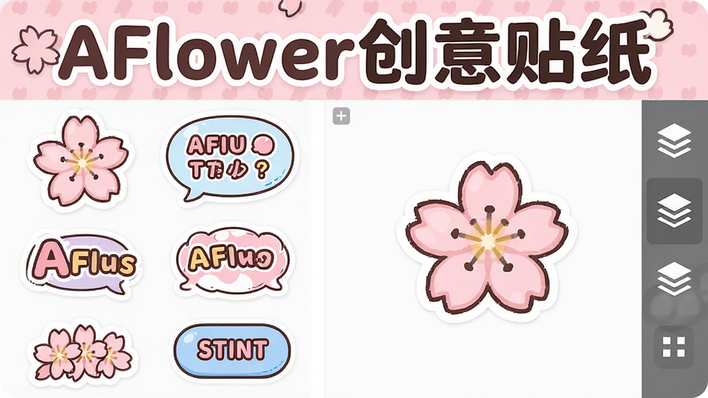 主体为AFlower贴纸与文字编辑面板,布局采用左侧贴纸列表与右侧预览画布的分栏形式,排版上