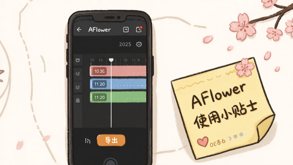 主体为手机屏幕显示AFlower编辑界面与一旁放置的提示便签,布局采用手机居中、便签斜靠右下角的组合形式,排版上便签内书写