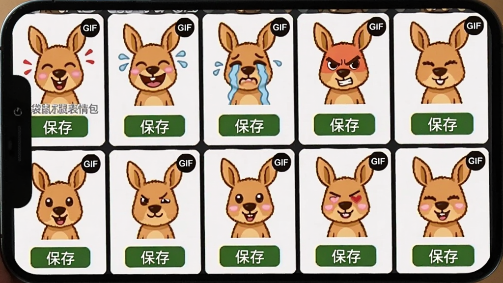 画面展示一部手机屏幕特写,屏幕内呈现袋鼠表情包选择界面,网格中排列着多张不同表情的卡通袋鼠图片,包括大笑、哭泣、生气、比心等表情,布局为三列网格排列,风格为活泼可爱的卡通插画风,细节包括每张表情图下方的“保存”按钮和GIF角标,画质明亮干净,画面中可加入文字“袋鼠表情包”