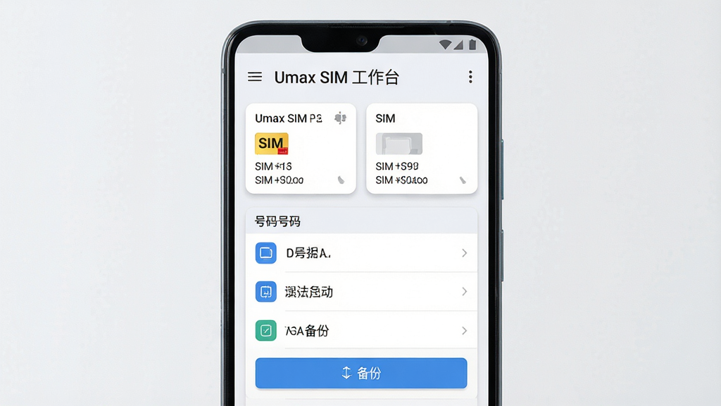 主体是一部安卓手机屏幕特写,布局为居中构图,屏幕中显示“Umax SIM 工作台”应用界面,界面包含SIM卡信息卡片、号码列表与备份按钮,排版整齐清晰,风格为现代科技感扁平化设计,细节包含卡片阴影、图标线条、浅色背景,画质高清,干净,无多余元素