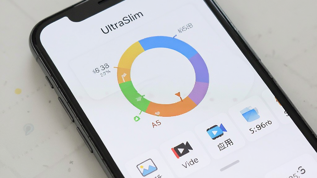 �ֻ���Ļ��ʾ��UltraSlim���洢���ҳ�棬����Ϊ��ɫ����ͼչʾ�洢ռ�ñ���������ͼ�·��г�ͼƬ����Ƶ��Ӧ�á��ĵ������͵�ռ����ֵ�����汳��Ϊǳɫ����ɫ���£����ֹ��������ʸɾ����޶���Ԫ��