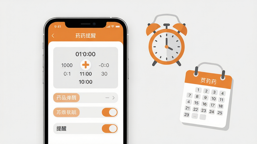 主体是一部手机显示用药提醒设置界面,旁边配有闹钟图标与日历卡片;布局为手机居中偏左,闹钟与日历元素在右侧错落排列;排版轻松有序,留白充足;风格为温馨生活风,暖橙色与浅灰搭配;细节包括时间选择器、药品名称标签、提醒开关按钮;画质高清,画面干净,无多余元素