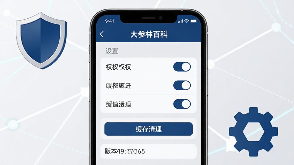 主体是一部手机屏幕显示“大参林百科”设置页面,旁边放置盾牌图标与齿轮图标;布局为手机居中,盾牌在左上、齿轮在右下形成对角呼应;排版稳定均衡;风格为科技安全风,深蓝与浅灰配色;细节包括权限开关列表、缓存清理按钮、版本号文字;画质清晰,画面干净,无多余元素