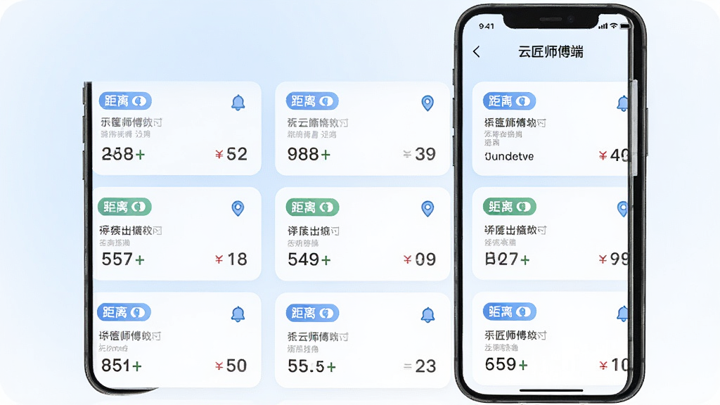 �ֻ�����չʾ���ƽ�ʦ���ˡ������б�ҳ�棬���Ŷ�����Ƭ�������У�ÿ�ſ�Ƭ���о����ǩ�ͼ۸��ǩ������Ϊ����ɫ���䣬������ִ�������Ϊ�����ֻ���ͼ��ʽ��ϸ�ڰ�������ͼ��Ͷ�λͼ�꣬���ʸ���ɾ����޶���Ԫ��