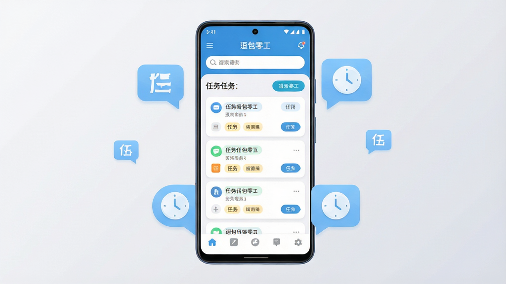 画面主体为一部竖屏安卓手机,屏幕中央展示“逗包零工”应用主界面,界面布局包含顶部搜索栏、中部任务卡片列表与底部导航栏,手机周围环绕浅蓝色任务气泡与时钟图标,背景为简洁的浅灰渐变,整体排版居中,风格为清爽扁平化UI展示风,细节包含卡片圆角、按钮高亮、任务标签清晰可见,画质干净锐利,无多余装饰元素