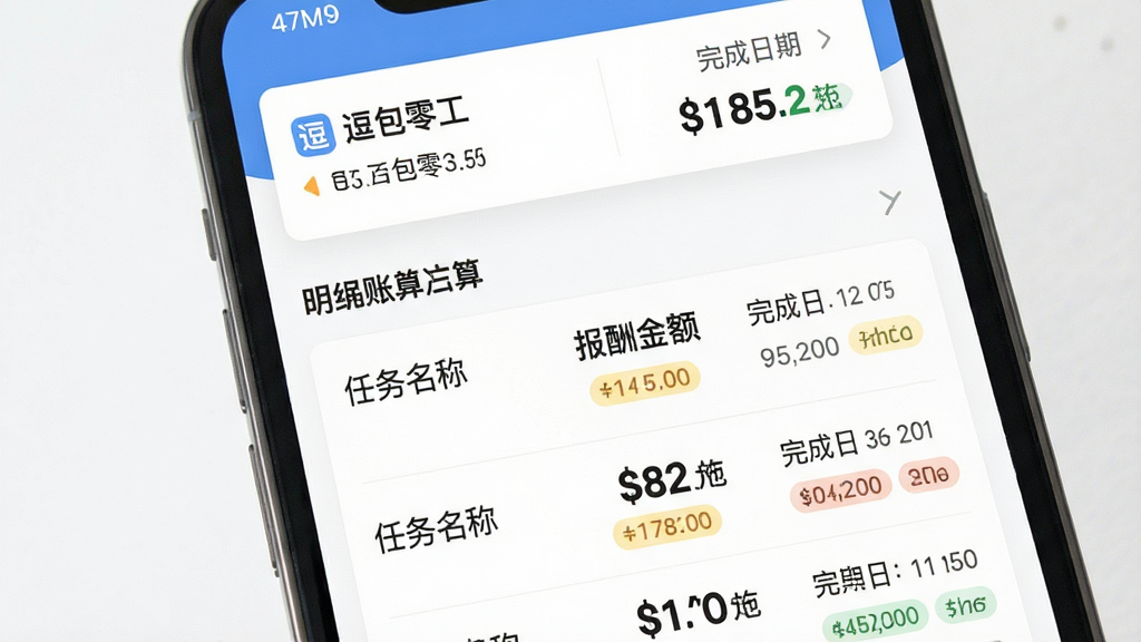 画面主体为手机账单明细页面,屏幕内展示“逗包零工”结算记录列表,包含任务名称、报酬金额与完成日期,顶部有汇总数字,布局为纵向列表加顶部卡片,风格为清爽财务记录界面,细节包含金额字体加粗、状态标签颜色区分,画质干净整洁,无多余装饰
