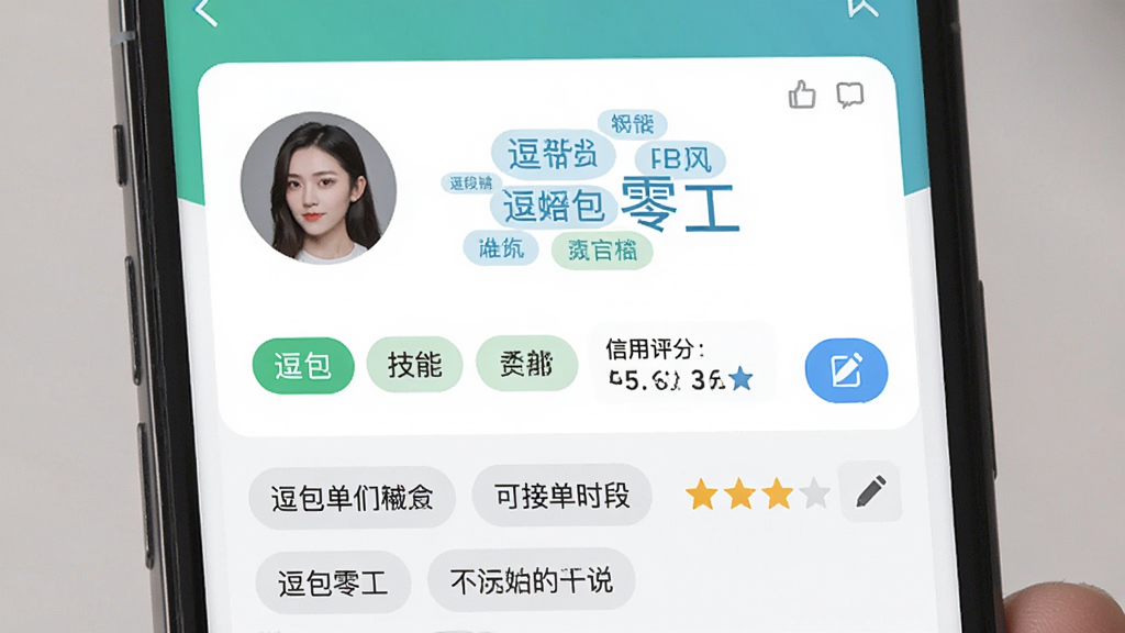 画面主体为手机个人主页界面,屏幕内展示“逗包零工”用户资料卡,包含头像、技能标签云、可接单时段与信用评分,布局为顶部资料卡加下方标签区,风格为轻量社交应用界面,细节包含标签圆角、评分星标、编辑按钮,画质清晰干净,无杂乱背景