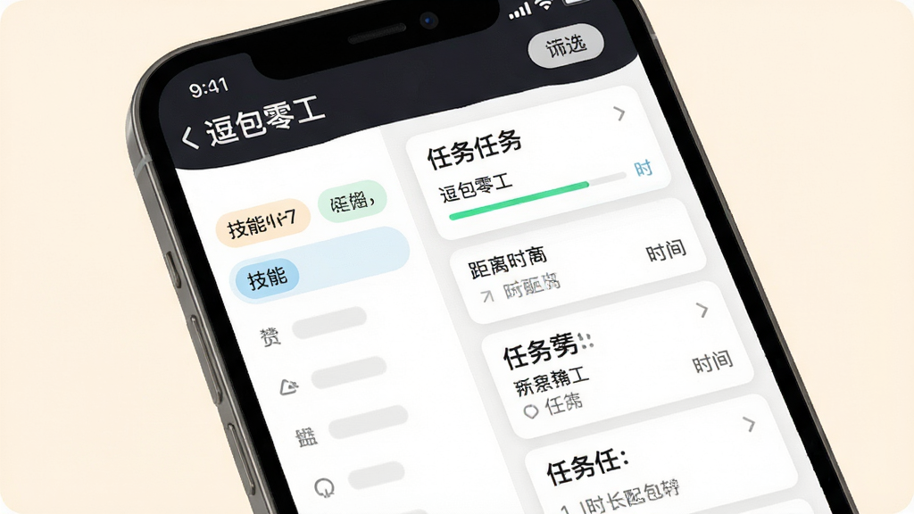 画面主体为手机屏幕特写,屏幕内展示“逗包零工”任务匹配页面,左侧为技能标签选择区,右侧为任务卡片按匹配度排列,卡片上带有距离与时间标识,背景为柔和浅色,布局为左右分栏加列表组合,风格为现代应用界面展示,细节包含高亮匹配度进度条与筛选按钮,画质清晰干净,无杂乱元素