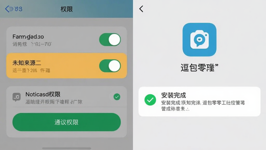 画面主体为手机设置界面与“逗包零工”安装完成提示同框展示,左侧为权限管理开关面板,右侧为应用启动图标与通知提醒,布局为左右对比结构,风格为手机操作指引图示,细节包含未知来源开关高亮、通知权限按钮、安装完成对勾标识,画质清晰干净,无多余文字装饰