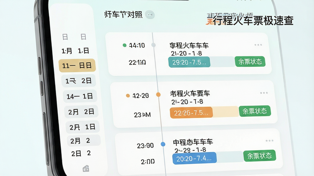 һ��AI���ɵĽ���ʾ��ͼ������Ϊ�ֻ���Ļ�е������복�ζ��ս��棬�������Ϊ����ѡ���������Ҳ�Ϊ��Ӧ������Ϣ��Ƭ�����Ϊ����ǳɫϵ��ϸ�ڰ������ڸ�����ǡ�����ʱ���ᡢ��Ʊ״̬ɫ�飬�����д������֡��г̻�Ʊ���ٲ顱�������������ɾ����޶���Ԫ��