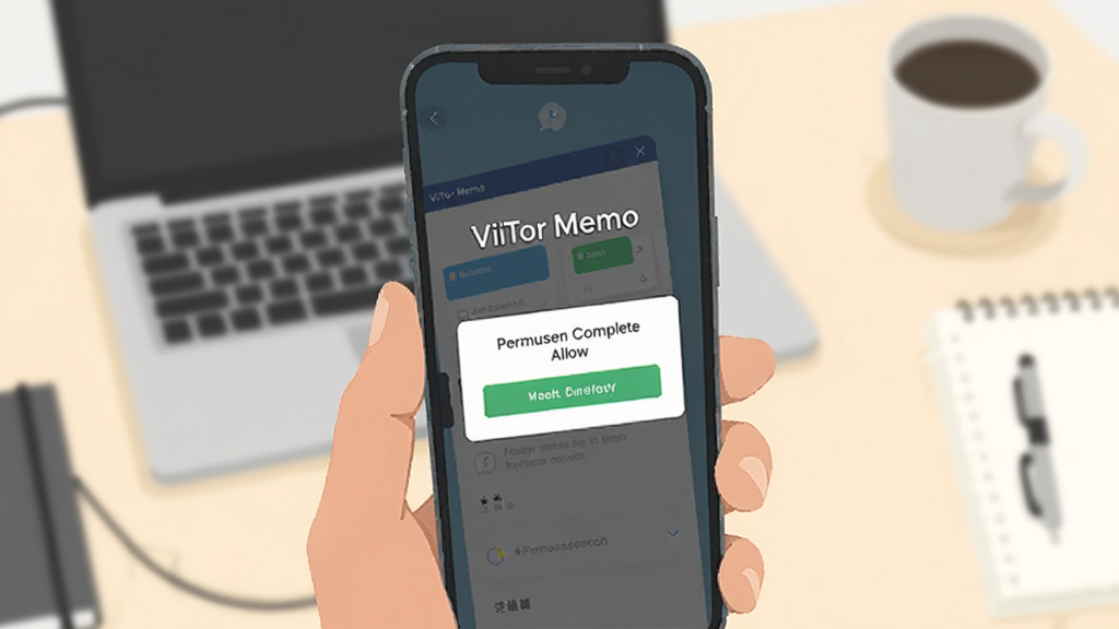 一部手机屏幕显示ViiTor Memo安装完成后的首次打开界面,画面中有“ViiTor Memo”文字和权限允许弹窗示意,背景为浅色办公桌面,扁平插画风格,布局简洁清晰,画质高清,干净无多余元素