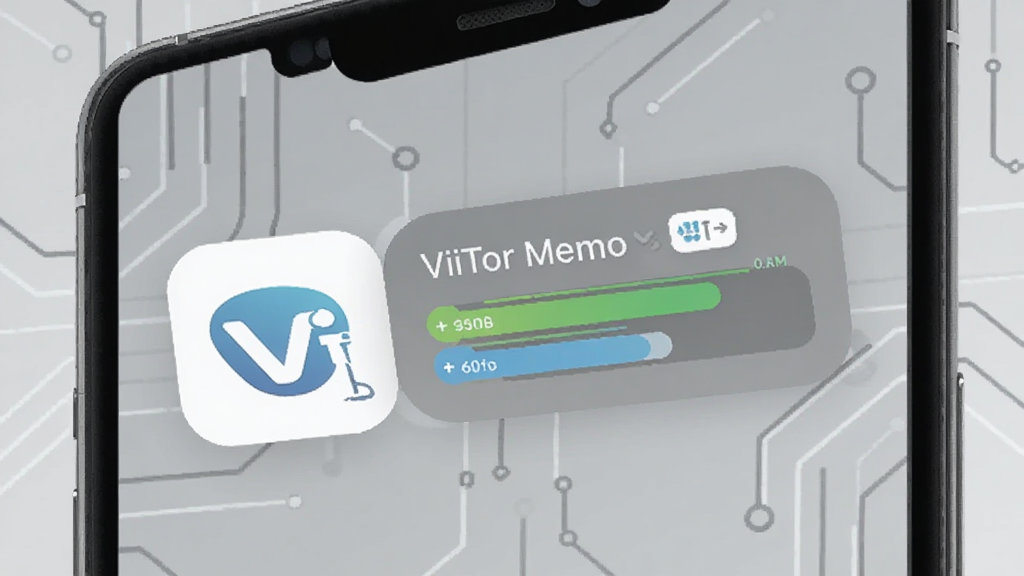 一部手机屏幕显示ViiTor Memo应用图标与存储空间占用示意,画面中出现“ViiTor Memo”文字,背景为浅灰色科技感线条,扁平风格,布局简洁,突出轻量小巧的概念,画质高清,干净无杂乱