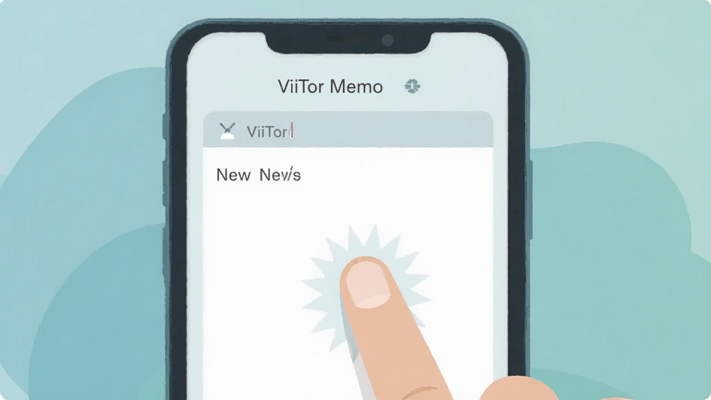 一部手机屏幕显示ViiTor Memo正在新建便签,画面中有“ViiTor Memo”文字标识,手指点击屏幕的动效示意,背景为柔和的蓝绿色调,扁平插画风格,构图简洁,重点突出快速记录的动作,画质清晰,干净无杂乱元素