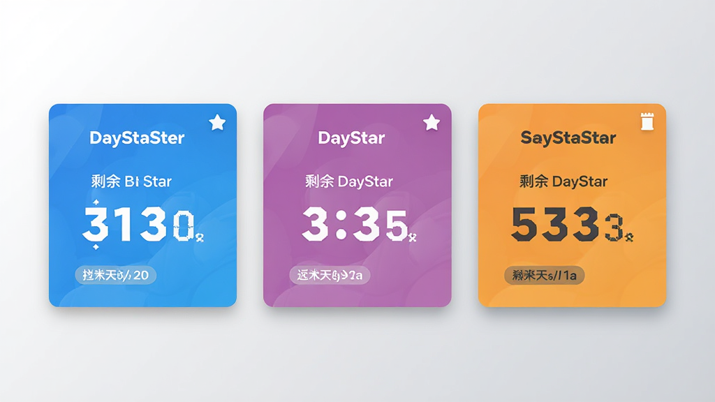 主体为倒数猫DayStar应用的多卡片管理界面示意图,画面中并排展示三张不同颜色的倒数卡片,分别标注不同剩余天数;布局为横向排列的卡片组,背景为浅灰渐变;排版上卡片间距均匀,标题与数字层级分明;风格为扁平化UI设计展示风;细节包含卡片阴影、分类小标签、置顶图标;画质清晰,画面干净,无多余元素