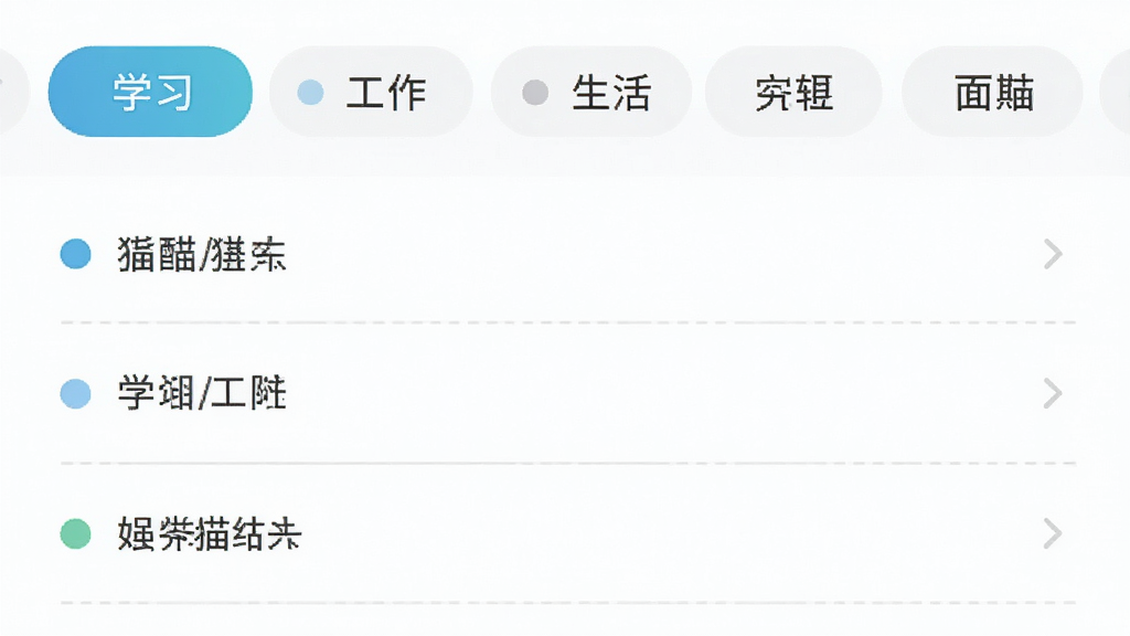 主体为倒数猫DayStar分类筛选界面示意图,画面中展示顶部标签栏与下方事件列表,标签栏有学习、工作、生活等分类按钮;布局为上下结构,标签栏横向排列;排版清晰,标签按钮圆角统一,列表项整齐;风格为清新浅色移动端UI风格;细节包含选中标签高亮状态、分类颜色圆点、列表分隔线;画质高清,画面干净,无多余元素