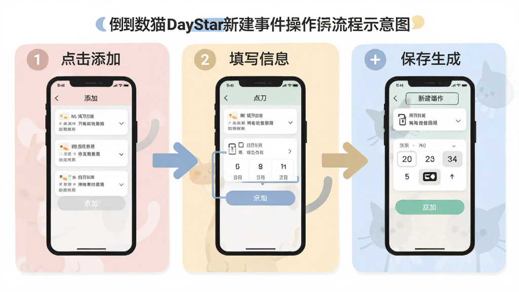 主体为倒数猫DayStar新建事件操作流程示意图,画面以三格分步形式展示点击添加、填写信息、保存生成的步骤;布局为横向三格并排,每格对应一个操作阶段;排版上箭头连接三格,步骤序号清晰;风格为扁平化教程图解风,配色柔和;细节包含手机界面缩略图、按钮高亮、日期选择框;画质清晰,画面干净,无多余元素