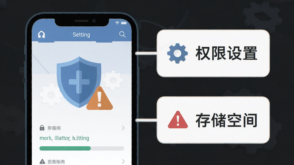 һ���ֻ���Ļ��ʾ��Ϸ���ý��棬�Ա���������ʾ���ע��Ȩ�����á��롰�洢�ռ䡱���������ж���ͼ���뾯��ͼ�꣬����Ϊ�ֻ�����ʾ���������У����Ϊ��ƽ����Ϣͼ�磬ϸ�ڰ�������ͼ����������������������ɾ����޶���Ԫ��
