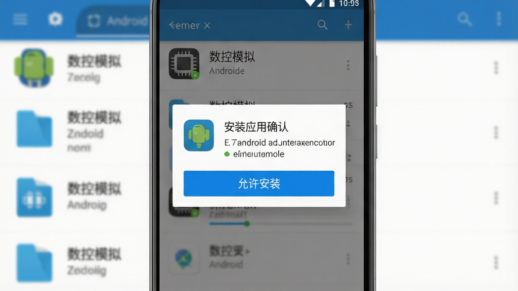 一张手机安装安卓应用过程的界面示意图,画面主体是手机屏幕显示安装确认弹窗,布局为居中弹窗加背景虚化的文件列表,风格为写实系统界面风,细节包括“允许安装”按钮高亮、应用图标、进度条元素,画质清晰干净,屏幕中可见“数控模拟”应用名称
