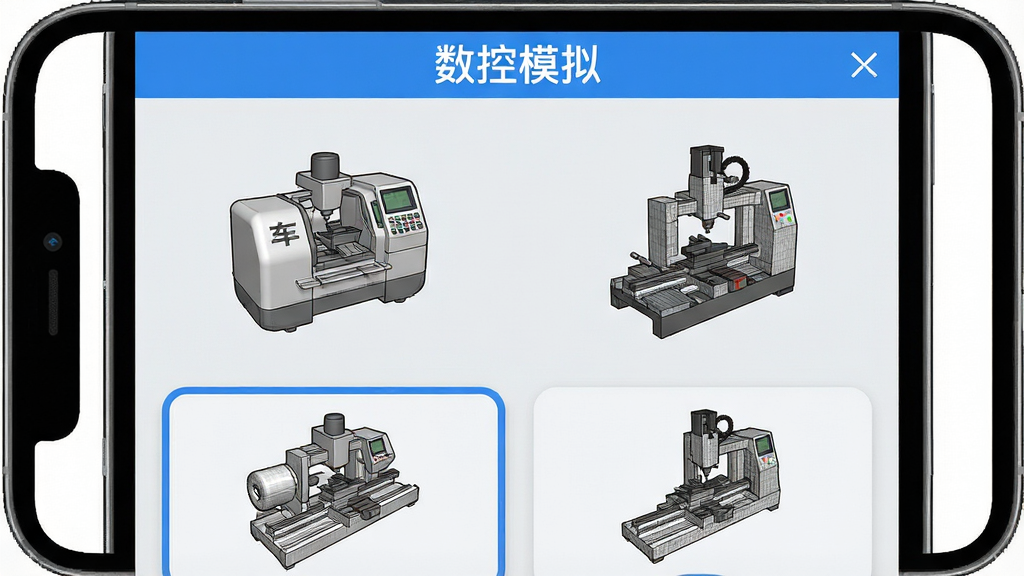 一张数控模拟软件机床类型选择界面的示意图,画面主体是手机屏幕中并排展示车床与铣床两个三维模型图标,布局为上下分区,上方是标题栏,下方是两张卡片式选项,风格为扁平化清爽风,细节包括卡片圆角、浅灰底色、蓝色选中高亮、模型线框质感,画质清晰干净,界面中可见“数控模拟”文字标题