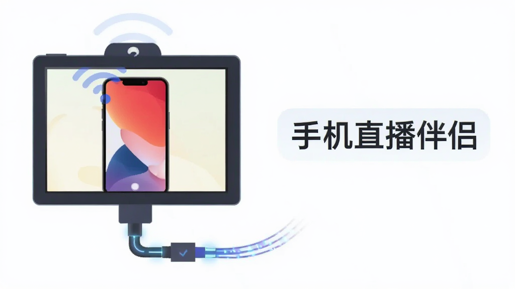 一部手机通过无线信号连接到直播画面框,画面框内显示手机屏幕内容被放大展示,连接线以光效形式呈现,旁边有