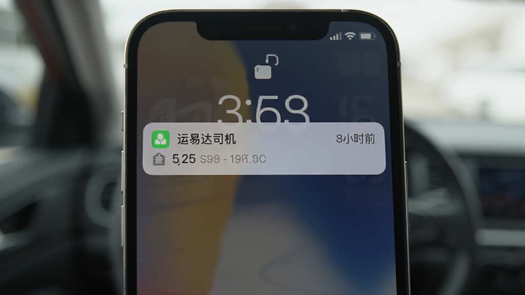运易达司机端消息通知界面示意图,主体为手机锁屏与通知卡片,布局上下排列,风格现代简约,细节包含订单提醒图标、金额数字、时间戳,画质清晰干净,无杂乱元素