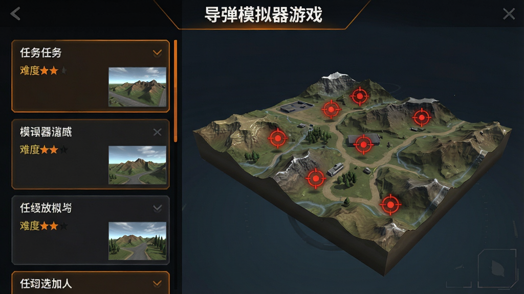 画面为游戏内任务选择界面,左侧是任务列表卡片,右侧是3D地形预览图,地图上标注红色目标点,顶部居中显示