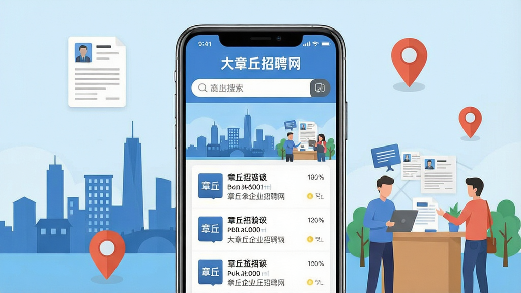 一张手机屏幕展示本地求职招聘应用界面,画面中央是“大章丘招聘网”应用首页,上方搜索框,下方列表展示章丘本地企业招聘岗位,背景为章丘城市剪影与招聘场景插画,布局清晰,手机居中,周围点缀简历图标与定位图标,扁平化UI风格,细节丰富,画质清晰干净,无多余元素