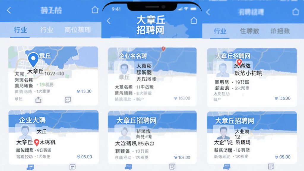 手机应用界面展示“大章丘招聘网”岗位列表页,地图定位图标标注章丘区域,页面按行业分类展示多个本地招聘卡片,每张卡片含企业名称、岗位名称、薪资范围,布局整齐,蓝白配色,扁平化设计风格,画质清晰干净,无多余元素