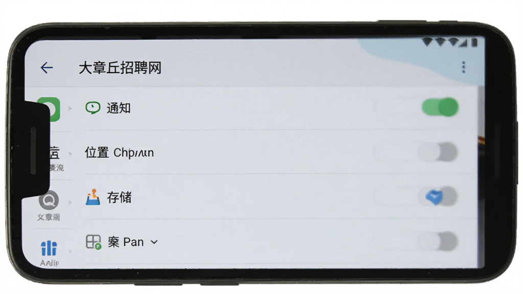 一部安卓手机屏幕展示“大章丘招聘网”应用权限设置界面,页面列出通知、位置、存储等权限开关,背景为手机设置界面,布局清晰,扁平化设计,画质清晰干净,无多余元素