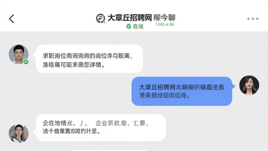 手机聊天界面展示“大章丘招聘网”直聊功能,左侧求职者气泡询问岗位详情,右侧企业招聘方气泡回复,顶部显示企业名称与在线状态,界面清爽,聊天气泡圆角设计,背景为浅灰色,扁平化风格,画质清晰干净,无多余元素