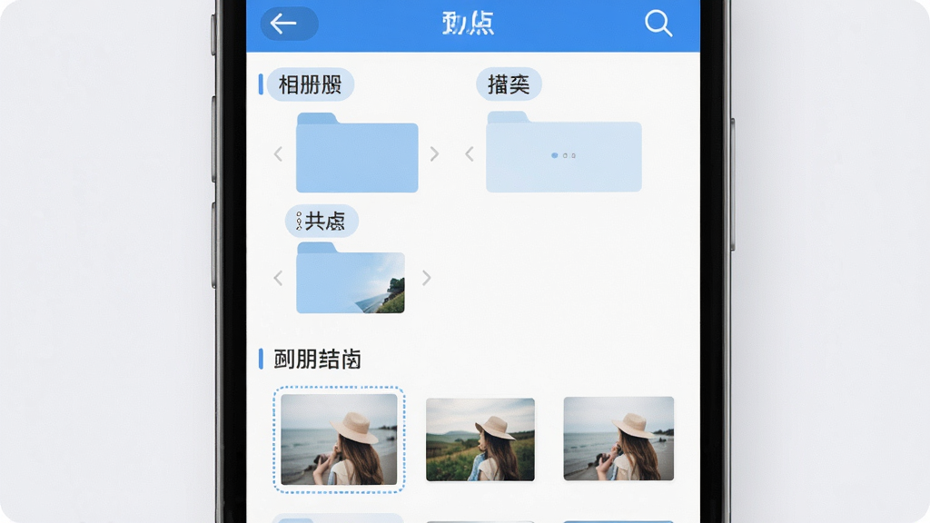 相册Pro智能分类功能展示,手机界面中照片按照文件夹与时间自动分组排列,分类标签清晰可见,界面整洁,蓝白配色,干净无多余元素,高清画质