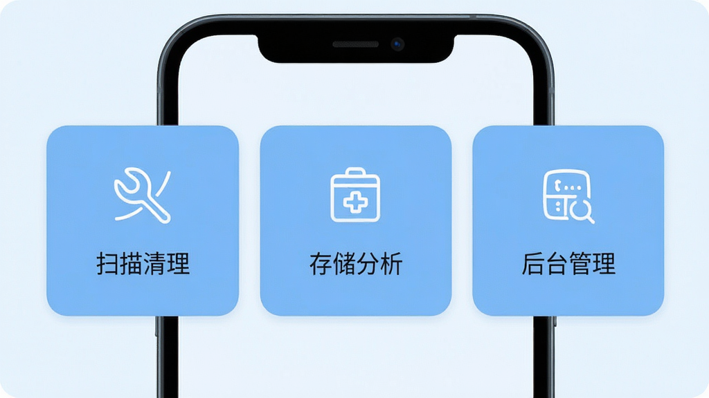 一键清理垃圾软件的功能概览界面,屏幕中并排展示扫描清理、存储分析、后台管理三个功能卡片,卡片上有对应图标和简短文字,主体为手机屏幕,布局为三卡片横向排列,排版均衡,风格清新扁平,细节为淡蓝背景、圆角卡片、线性图标,画质高清干净无多余元素