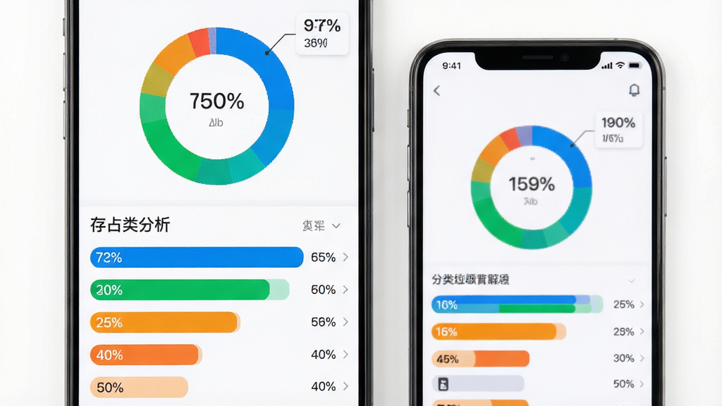 一键清理垃圾应用的存储分析页面,屏幕上方为彩色环形存储占用图,下方为分类占用条形列表,旁边放置一部手机作为展示载体,主体为手机屏幕内容,布局上下结构,排版整齐,风格简约数据可视化,细节包含蓝绿橙配色图表、百分比标签、白色背景,画质高清干净无多余元素