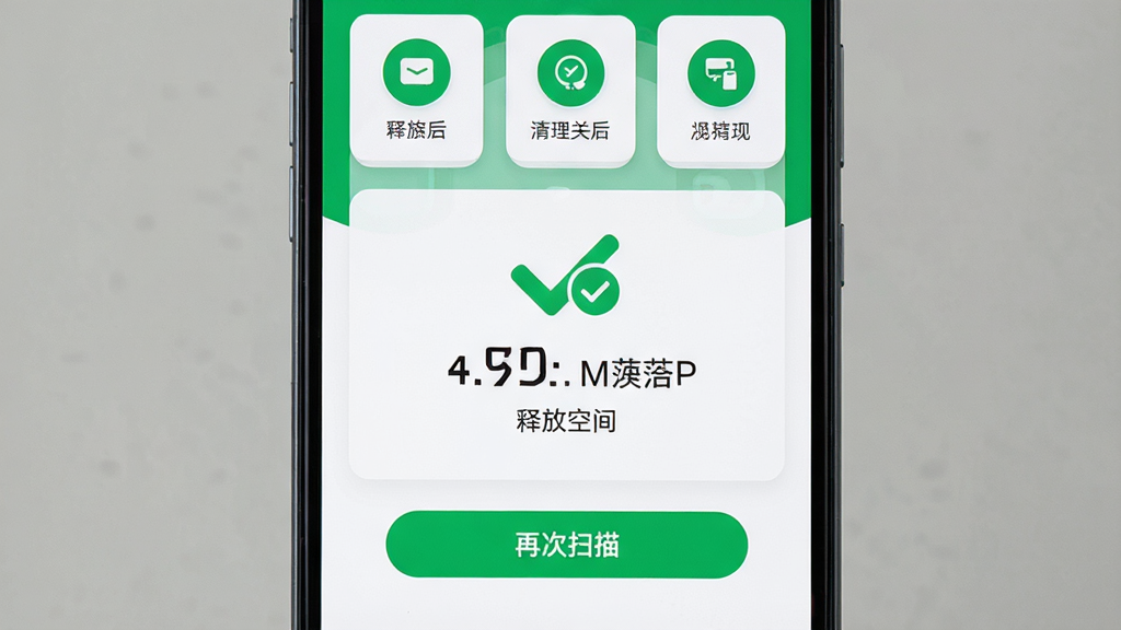 一部手机展示一键清理垃圾清理完成后的结果页面,屏幕中央显示释放空间数值与绿色对勾图标,下方有
