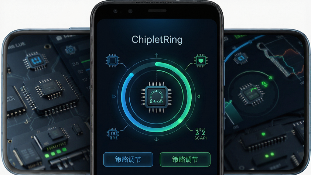 ChipletRing���������棬��������չʾ����оƬ�����Ǳ��̣�����Ϊһ����׿�ֻ���Ļ��д����Ļ�ڳ���оƬ�����¶ȡ�Ƶ���븺�صĻ�������ͼ�������Ϸ�Ϊ�������ơ�ChipletRing�����в�Ϊ���μ��ͼ�����·�Ϊ���Ե��ڰ�ť���Ű����ҶԳƣ����Ϊ�Ƽ�����ɫ�����������ɫ��Ч��ϸ�ڰ���оƬͼ�ꡢ����������״ָ̬ʾ�ƣ����ʸ��壬����ɾ����޶���Ԫ��