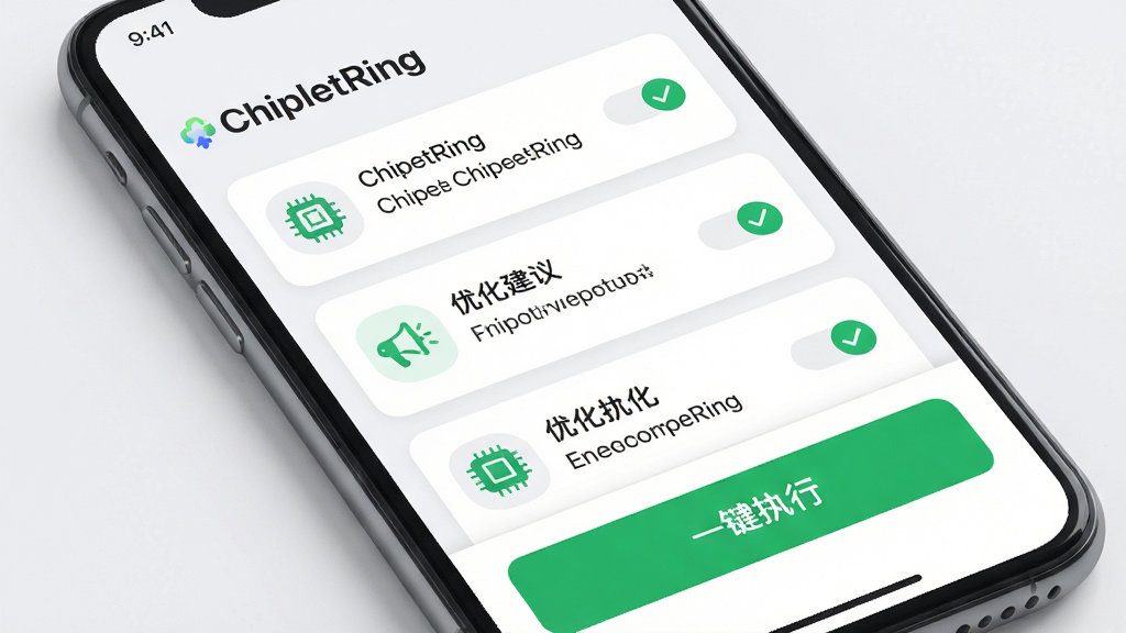 ChipletRingһ���Ż�����ҳ�棬����Ϊ�ֻ�����չʾ�Ż������б���һ��ִ�а�ť�������Ϸ�Ϊ�������ơ�ChipletRing�����в�Ϊ������Ŀ��Ƭ���·�Ϊ��Ŀ��ִ�а�ť�����Ϊ��ˬǳɫ���������ɫǿ��ɫ��ϸ�ڰ�������ͼ�ꡢ˵�������빴ѡ״̬�����ʸ��壬����ɾ����޶���Ԫ��