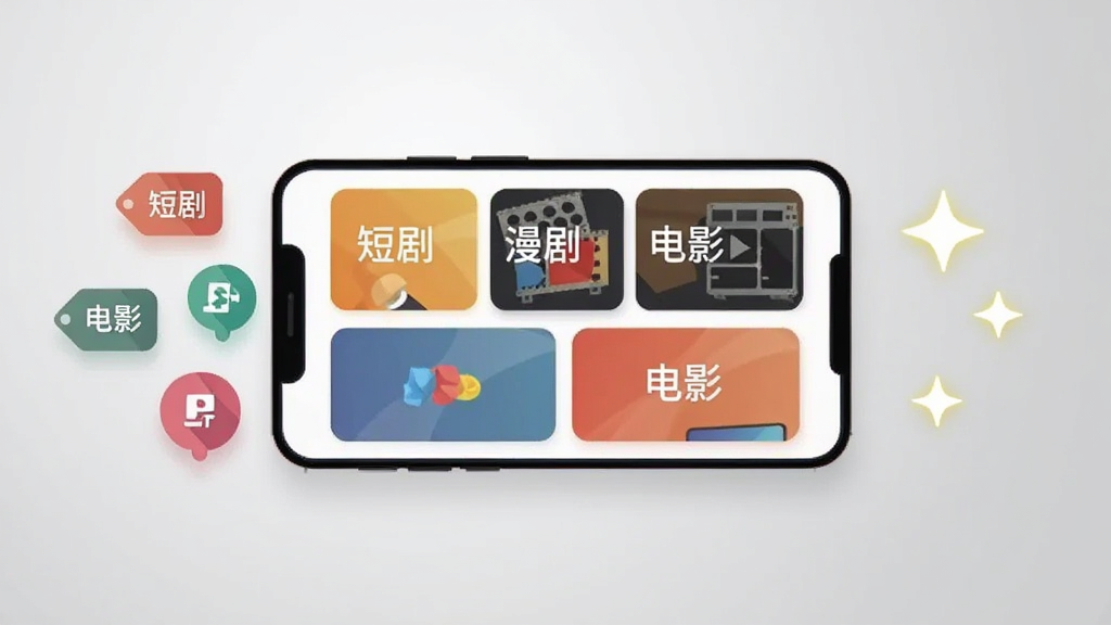 一部手机横放在画面中央,屏幕显示分类清晰的影视卡片墙,卡片上标注