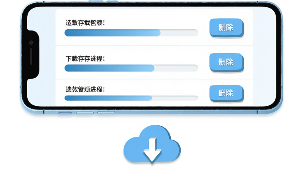 手机屏幕展示缓存管理列表,每个条目带有下载进度条和删除按钮,手机旁边有一个云朵图标和向下箭头,布局为上下结构,上方是手机主体下方是功能图标,风格为清爽扁平风,色调以白色和浅蓝色为主,细节包括进度条的渐变填充和按钮的立体感,画质干净清晰,无杂乱背景