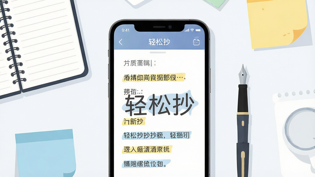 主体为一部智能手机屏幕展示简洁文字编辑界面,布局采用居中构图,屏幕周围环绕笔记本、钢笔、便签纸等办公元素,排版清爽有序,风格为扁平化现代科技插画,细节上界面内文字行排列整齐并有高亮标记,画质高清干净无多余元素,画面中标注文字“轻松抄”