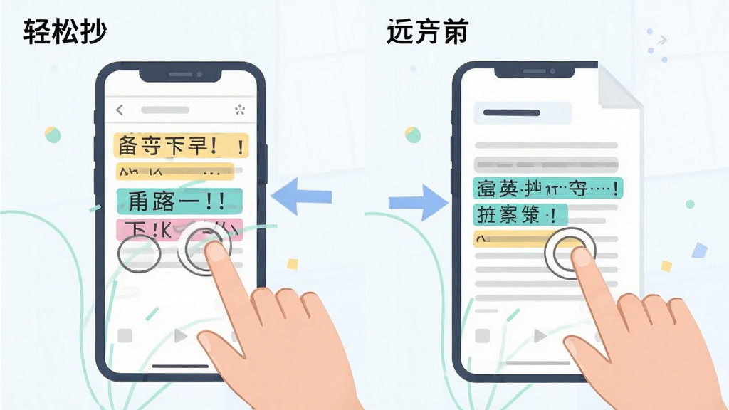 主体为一只手在手机屏幕上滑动选取文字段落,布局为左右分栏展示选取前与选取后的对比效果,排版左简右繁体现内容汇聚过程,风格为清新扁平插画,细节上文字块以高亮色块呈现并有箭头指向整理后的文档,画质清晰干净无多余元素,画面中标注文字“轻松抄”