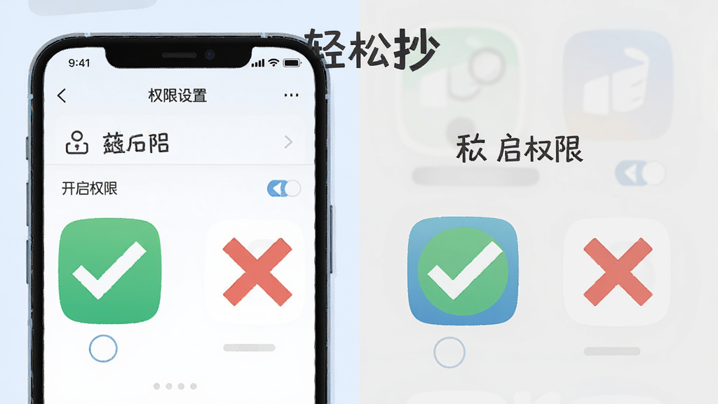 主体为手机屏幕展示权限设置页面与软件图标,布局为左右对比展示开启权限前后状态,排版清晰分区明确,风格为扁平化操作指引插画,细节上用绿色对勾与红色叉号标注权限状态差异,画质高清干净无多余元素,画面中标注文字“轻松抄”