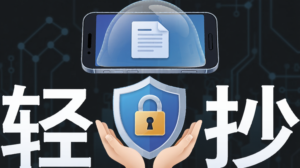 主体为手机与盾牌锁图标组合,布局为上下结构上方手机下方盾牌托举,排版稳重对称,风格为安全科技感插画,细节上手机屏幕显示文档图标并被半透明保护罩包裹,画质清晰干净无多余元素,画面中标注文字“轻松抄”