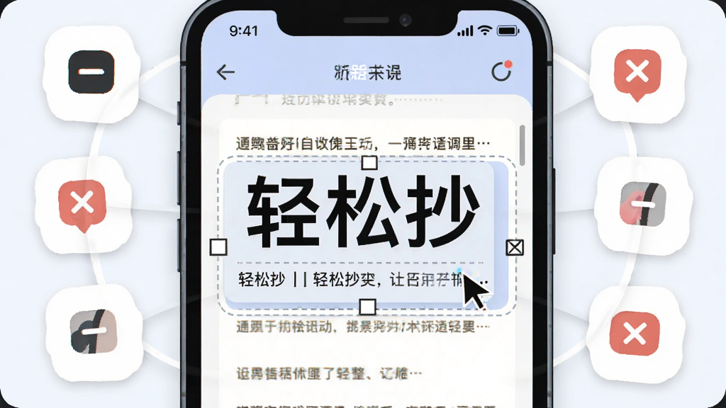 主体为手机界面中文字段落被拖拽调整顺序,布局采用中心聚焦构图,四周环绕加粗、分段、删除等操作图标,排版活泼有层次,风格为现代UI风格插画,细节上编辑光标闪烁、段落块可拖动并有虚线指示,画质高清干净无多余元素,画面中标注文字“轻松抄”