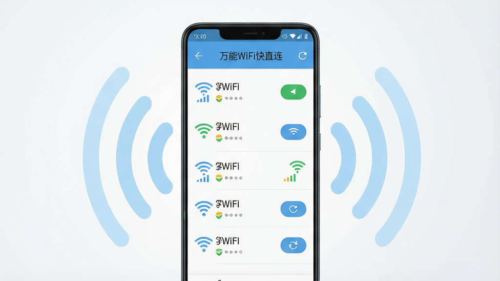 一张展示安卓手机界面的产品主图,画面中央是一部竖屏智能手机,屏幕上显示万能WiFi快直连的WiFi列表页面,列表中有多个无线网络名称与信号强度图标,页面顶部有