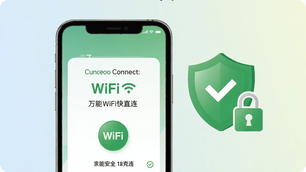 一张表现手机安全连接WiFi的示意图,画面中一部手机屏幕显示万能WiFi快直连的连接成功页面,屏幕旁有一个绿色盾牌图标与锁形标识,背景为浅色渐变,风格简洁友好,细节包括成功提示文字、信号图标、安全标识,画质清晰,干净,无多余元素