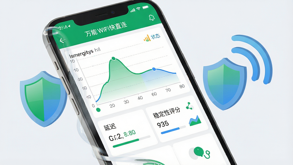 一张表现网络状态检测功能的界面图,画面中手机屏幕显示万能WiFi快直连的网络检测页面,页面上有信号强度曲线图、延迟数值与稳定性评分,图形以绿色和蓝色为主色调,屏幕旁边配有盾牌与信号波纹装饰元素,背景为浅灰白色,风格专业简洁,细节包括曲线图、数值标签、状态图标,画质清晰,干净,无多余元素