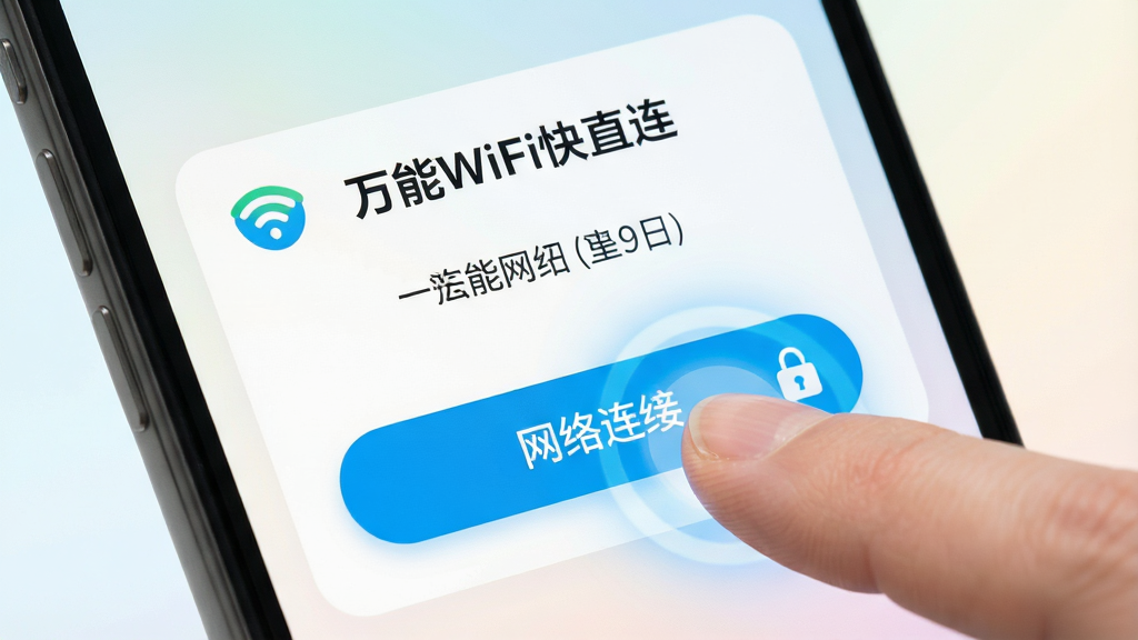 一张展示一键连接操作的特写图,画面为手机屏幕局部放大,显示万能WiFi快直连的WiFi详情卡片,卡片上有醒目的连接按钮与网络名称,手指正轻触按钮,按钮周围有淡蓝色点击光效,背景为柔和的浅色渐变,风格清新明快,细节包括按钮圆角、信号图标、密码锁标识,画质清晰,干净,无多余元素