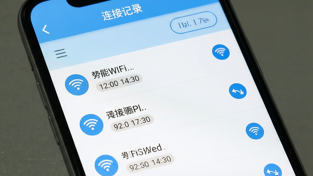 一张展示连接记录管理界面的图,画面为手机屏幕显示万能WiFi快直连的历史记录列表,列表中排列着多个WiFi名称与连接时间标签,每条记录右侧有快速连接图标,屏幕上方有