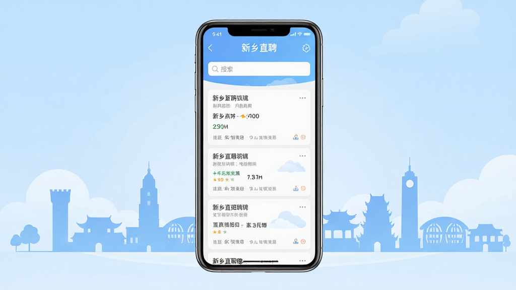һ���ֻ�Ӧ�ý���չʾͼ������������һ�����������ֻ�����Ļ����ʾ������ֱƸ��APP����ҳ��Ƹ��Ϣ�б���������λ��Ƭ�������򣬱���Ϊǳ��ɫ���䣬��Χ��׺������м�ӰԪ�أ����������¼�࣬�Ű���жԳƣ�ϸ�����������ʸɾ����޶���Ԫ��