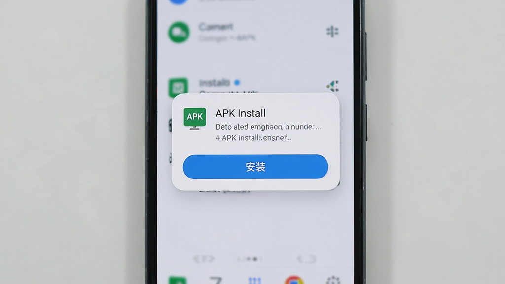 一张展示手机应用安装界面的图片,画面为手机屏幕显示APK安装提示弹窗,背景为浅色系统界面,画面中央有